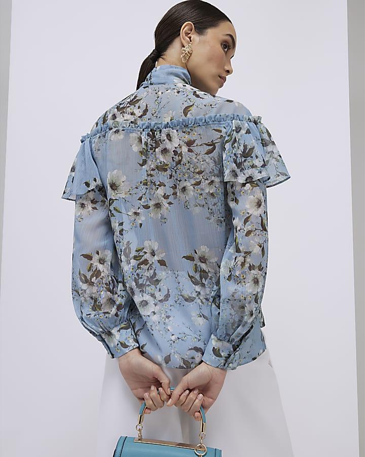 River Island Blue Floral Ruffle Tie Neck Blouse
