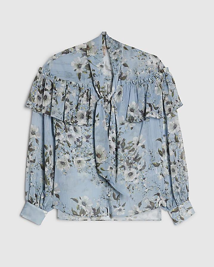 river island Blue Floral Ruffle Tie Neck Blouse