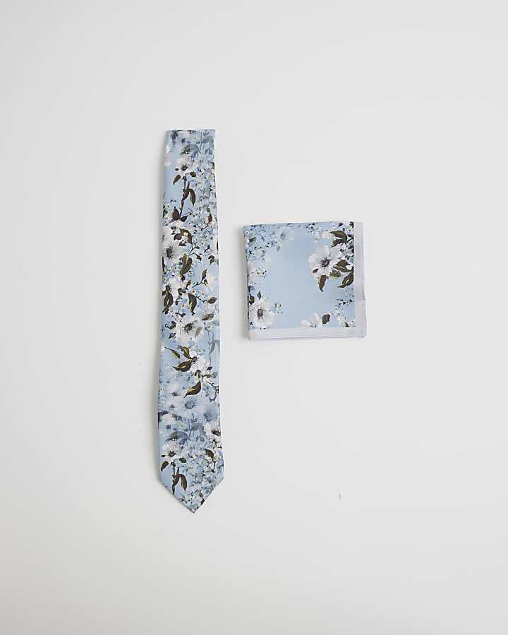River Island Blue Floral Tie And Handkerchief Set
