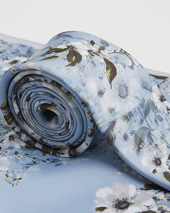 River Island Blue Floral Tie And Handkerchief Set
