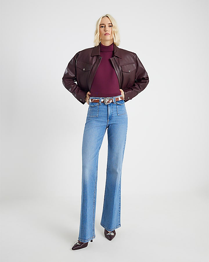 River Island Blue High Rise Relaxed Flare Jeans