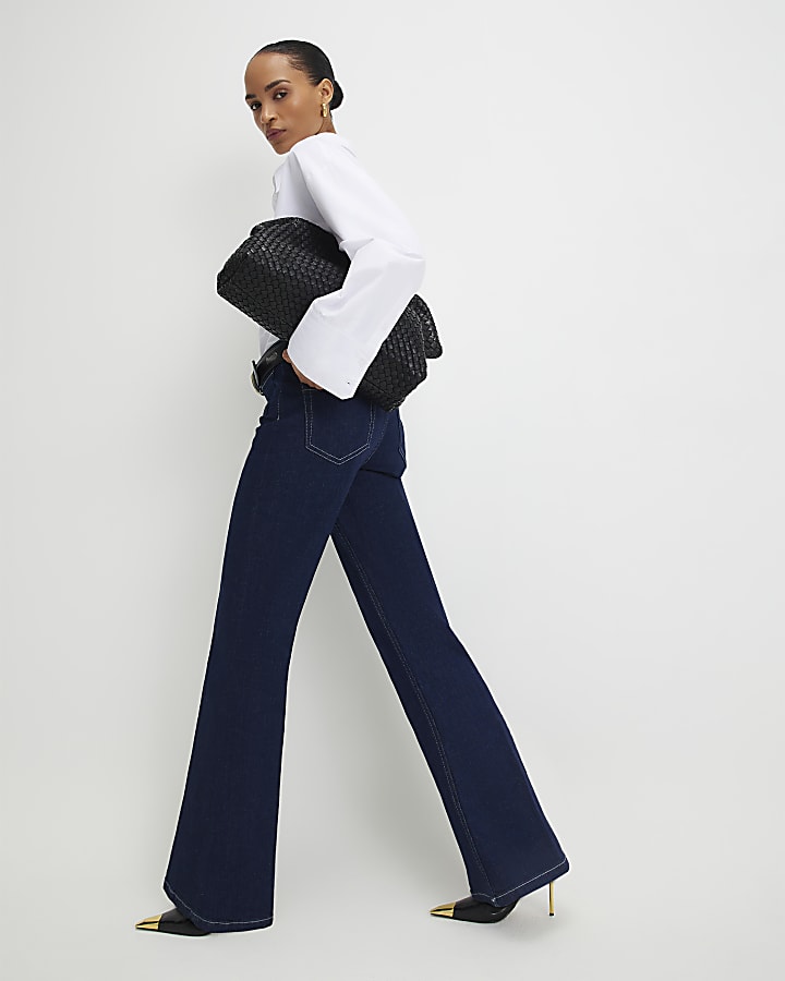 River Island Blue High Rise Relaxed Flare Jeans