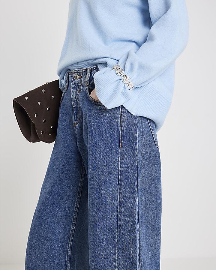 River Island Blue High Rise Seamed Wide Leg Jeans