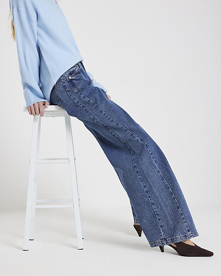 River Island Blue High Rise Seamed Wide Leg Jeans