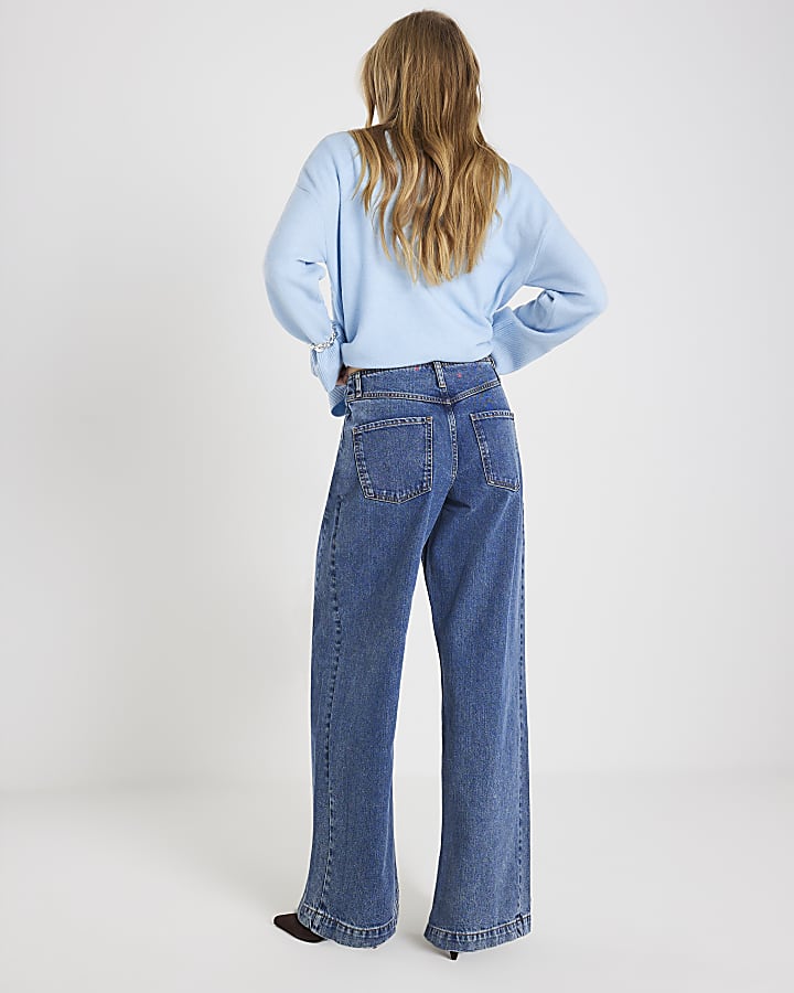 River Island Blue High Rise Seamed Wide Leg Jeans