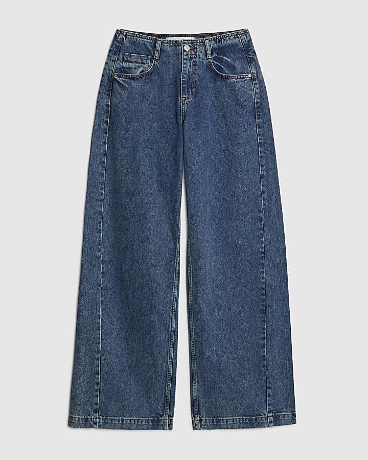 river island Blue High Rise Seamed Wide Leg Jeans