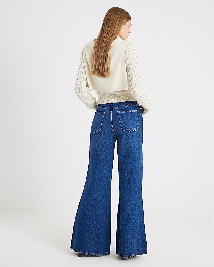 River Island Blue High Rise Soft Wide Leg Jeans