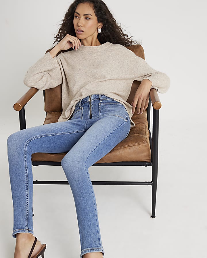 River Island Blue High Rise Zip Front Skinny Jeans