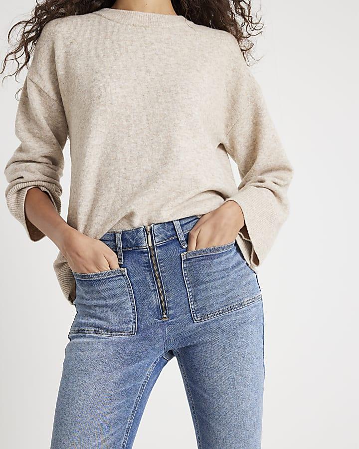 River Island Blue High Rise Zip Front Skinny Jeans