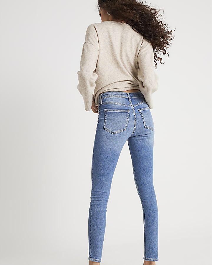River Island Blue High Rise Zip Front Skinny Jeans