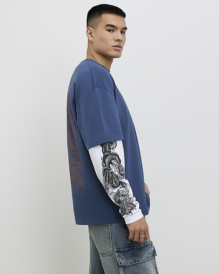 River Island Blue Japanese Double Layered T-Shirt