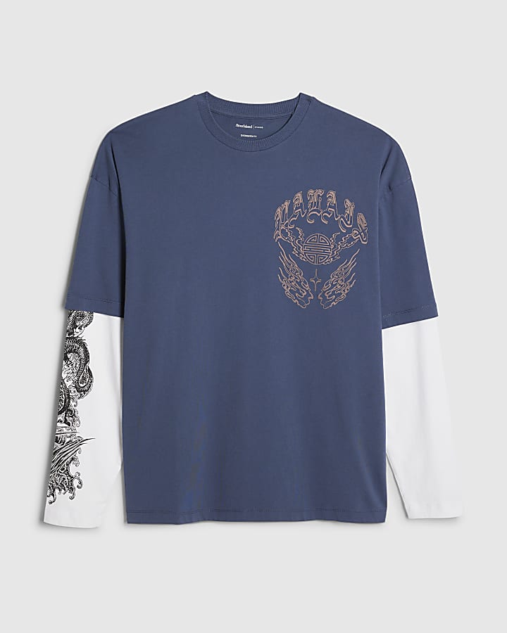 river island Blue Japanese Double Layered T-Shirt