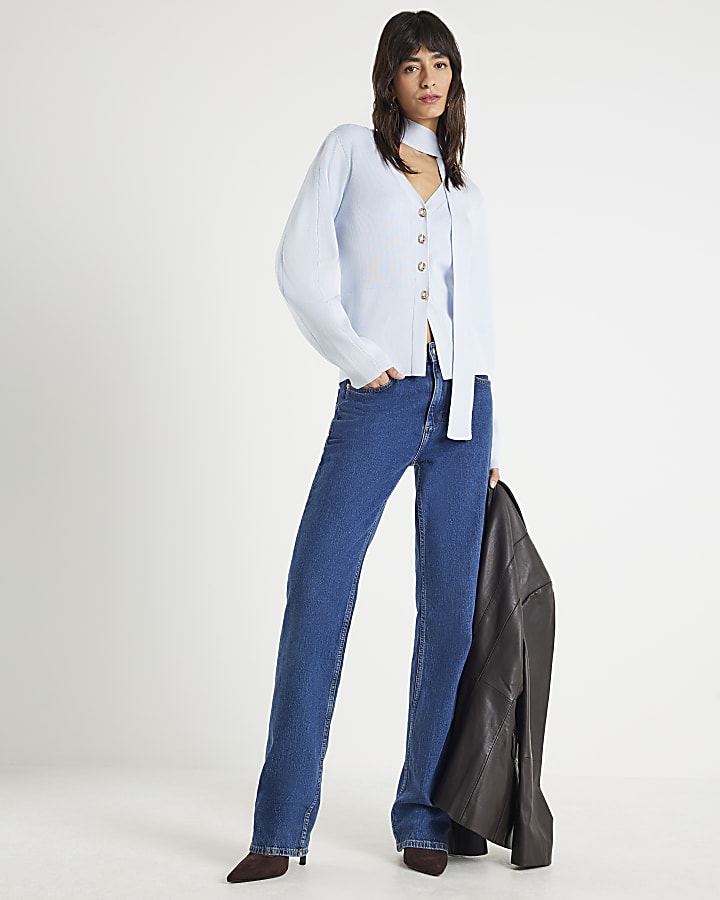 River Island Blue Knitted Tie Neck Cardigan