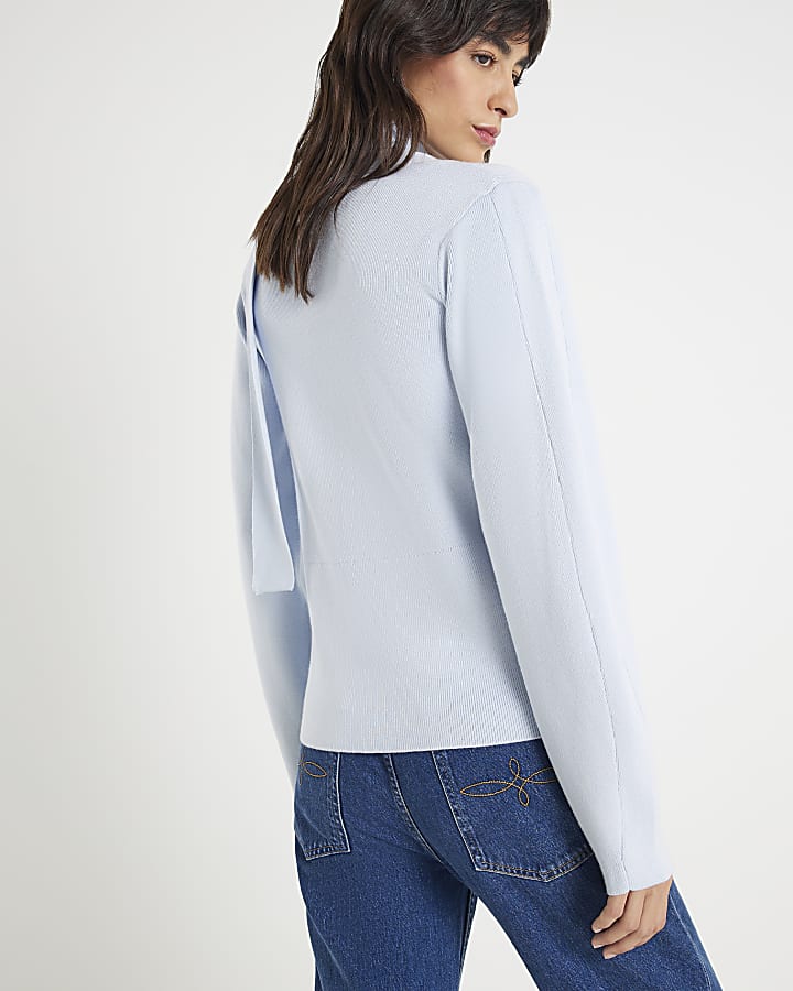 river island Blue Knitted Tie Neck Cardigan
