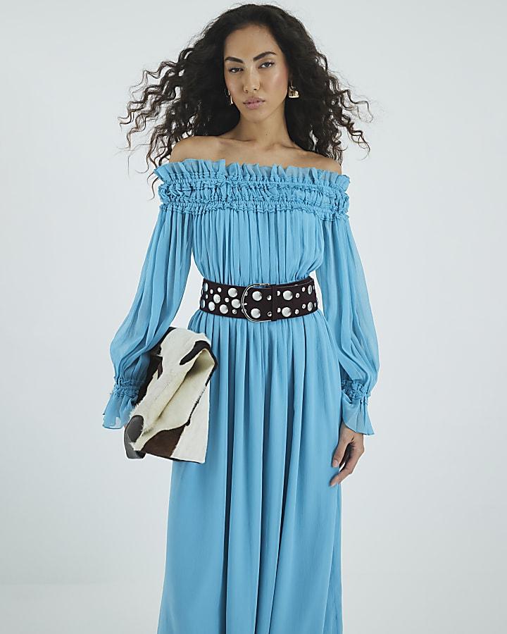 River Island Blue Long Sleeve Bardot Maxi Dress