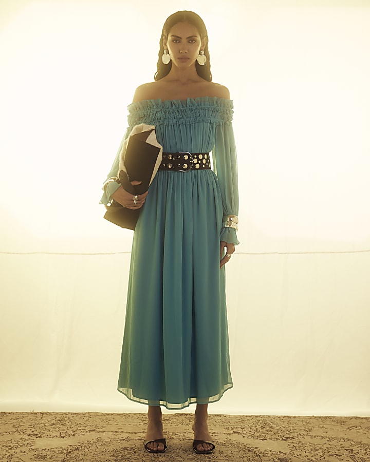 River Island Blue Long Sleeve Bardot Maxi Dress