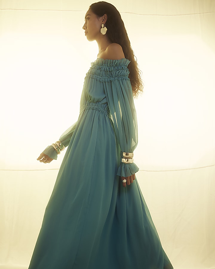 River Island Blue Long Sleeve Bardot Maxi Dress