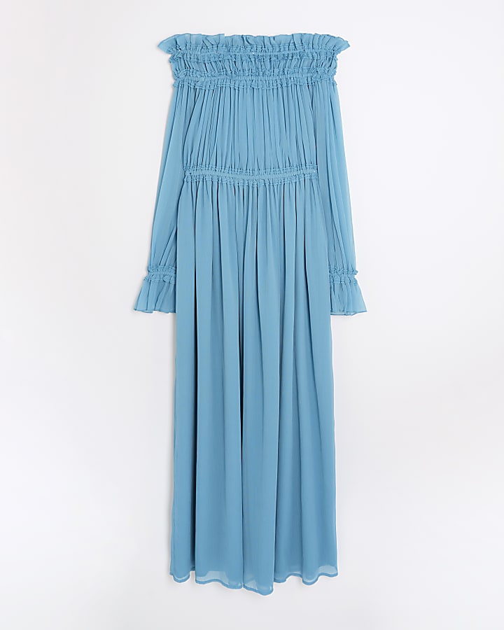 river island Blue Long Sleeve Bardot Maxi Dress