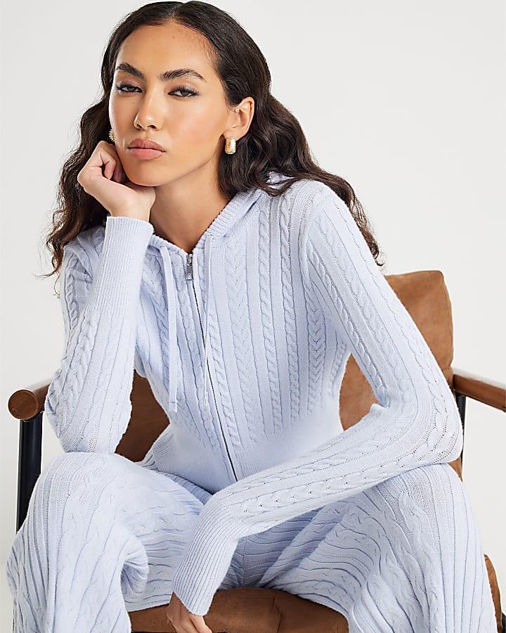 River Island Blue Long Sleeve Cable Knit Hoodie