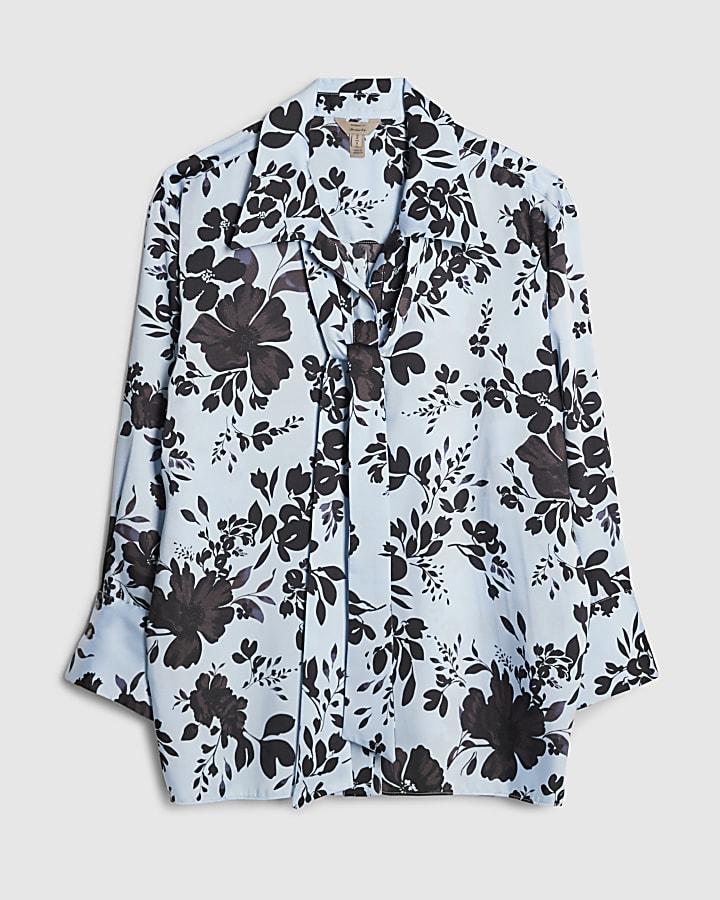 river island Blue Long Sleeve Floral Print Shirt