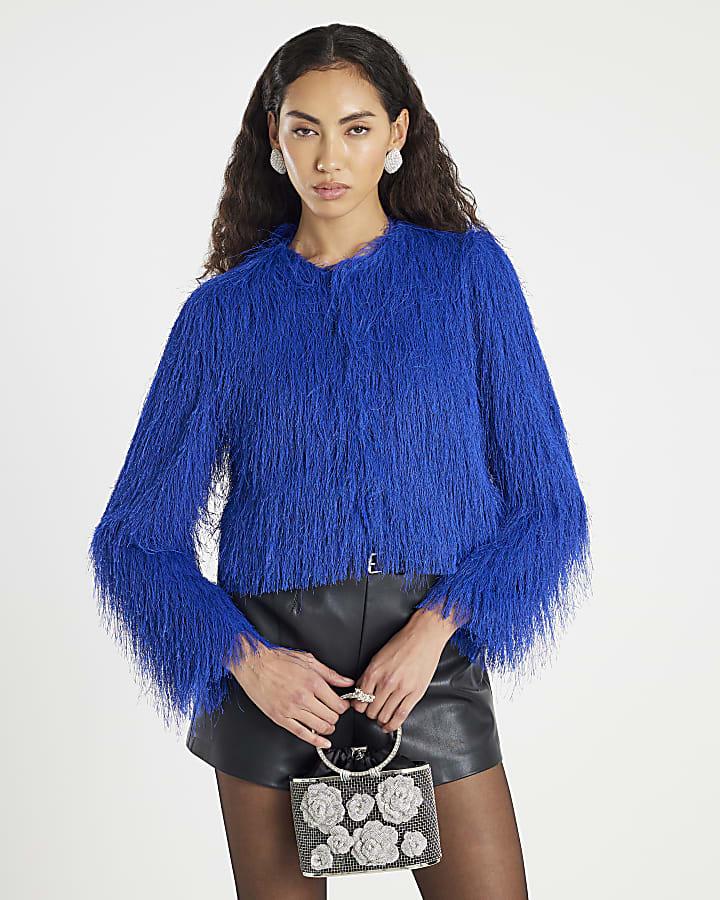 River Island Blue Long Sleeve Fringed Cardigan