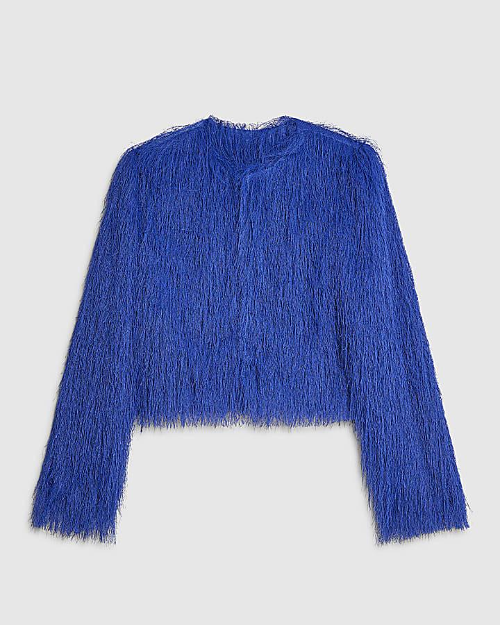 river island Blue Long Sleeve Fringed Cardigan