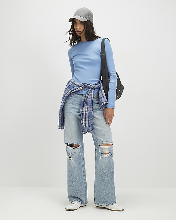 River Island Blue Long Sleeve Ribbed Crew Neck Top