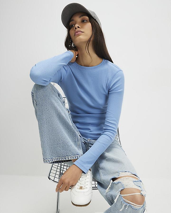 River Island Blue Long Sleeve Ribbed Crew Neck Top