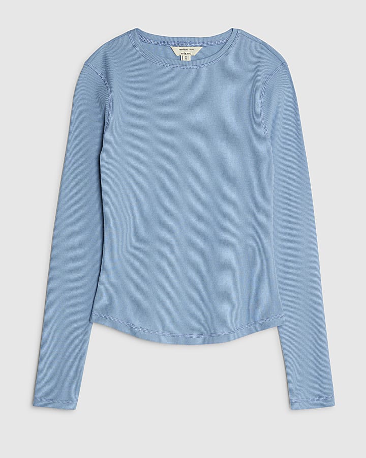 river island Blue Long Sleeve Ribbed Crew Neck Top