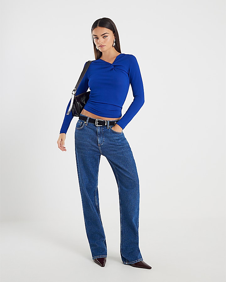 River Island Blue Long Sleeve Twist Front Top