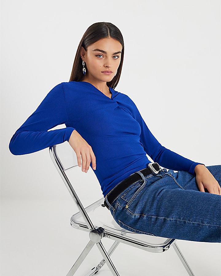 River Island Blue Long Sleeve Twist Front Top