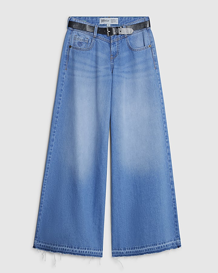 river island Blue Low Rise Belted Baggy Jeans