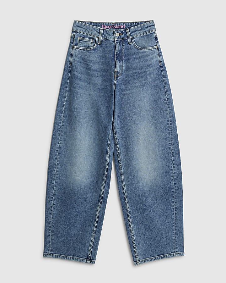 river island Blue Mid Rise Barrel Leg Jeans