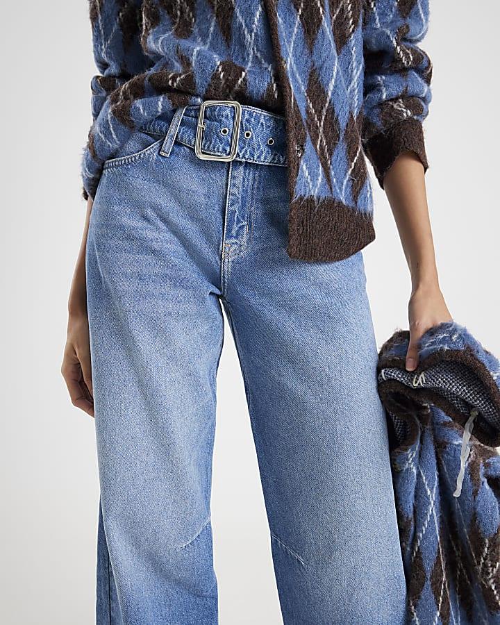 River Island Blue Mid Rise Belted Tapered Jeans