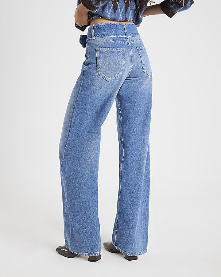 River Island Blue Mid Rise Belted Tapered Jeans