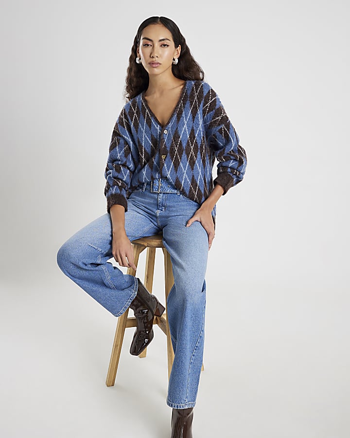 River Island Blue Mid Rise Belted Tapered Jeans