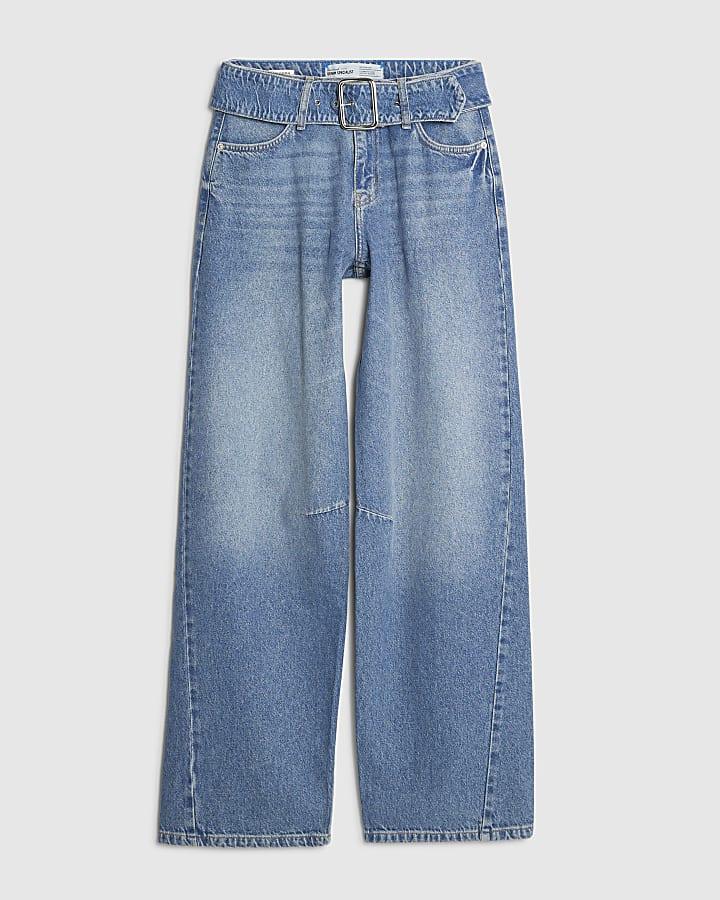 river island Blue Mid Rise Belted Tapered Jeans