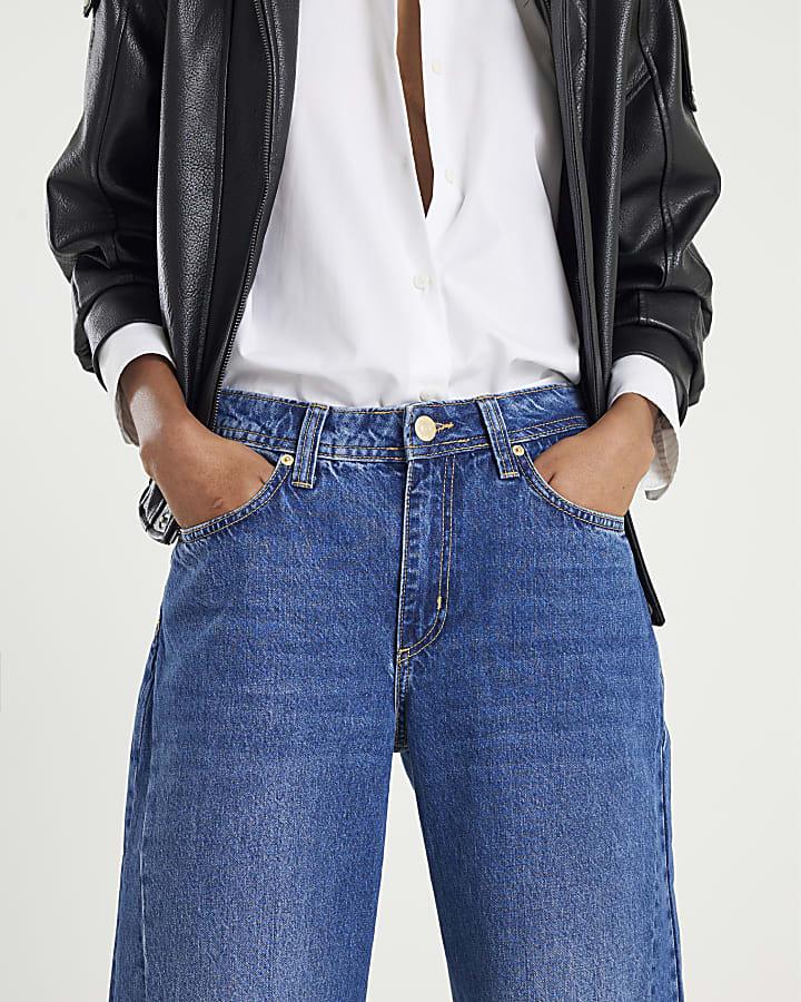 River Island Blue Mid Rise Seamed Barrel Leg Jeans