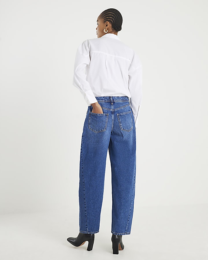 River Island Blue Mid Rise Seamed Barrel Leg Jeans