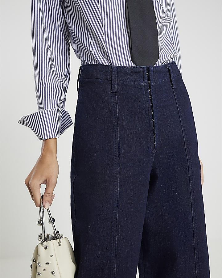 River Island Blue Mid Rise Wide Leg Corset Jeans