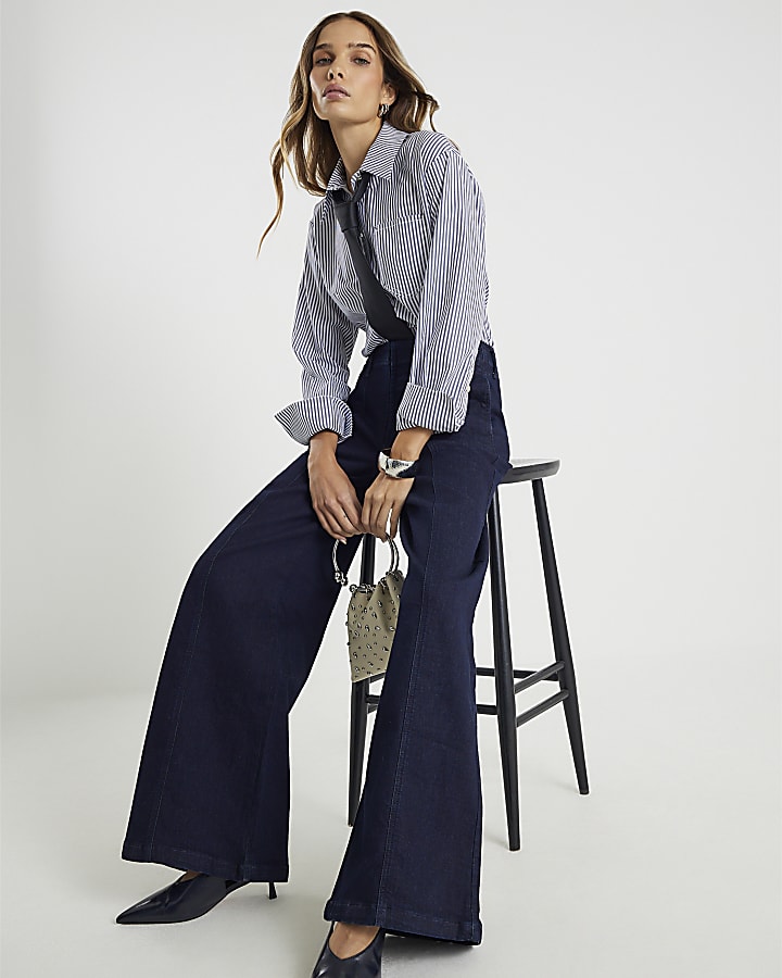 River Island Blue Mid Rise Wide Leg Corset Jeans