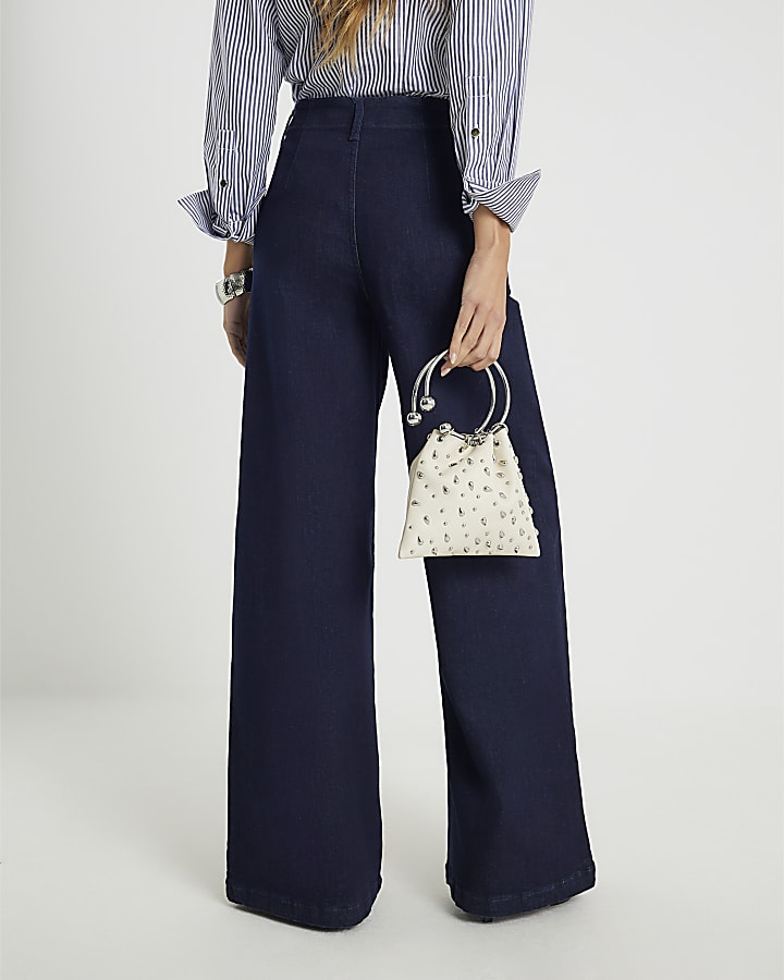 River Island Blue Mid Rise Wide Leg Corset Jeans