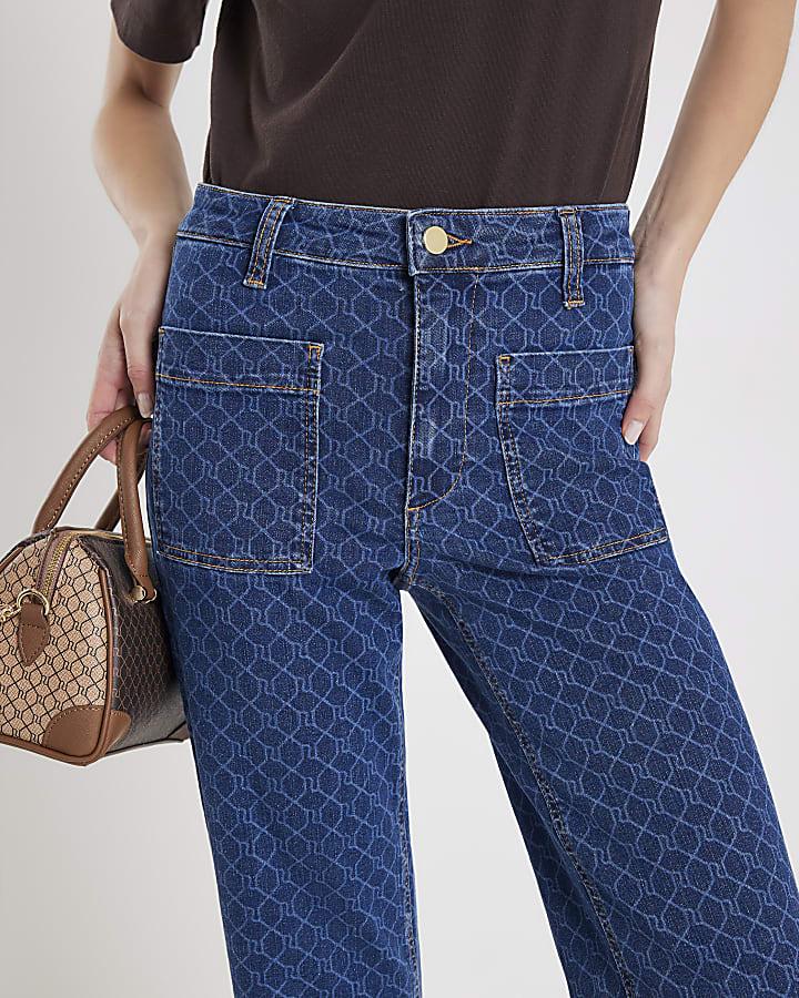 River Island Blue Monogram Relaxed Flare Jeans