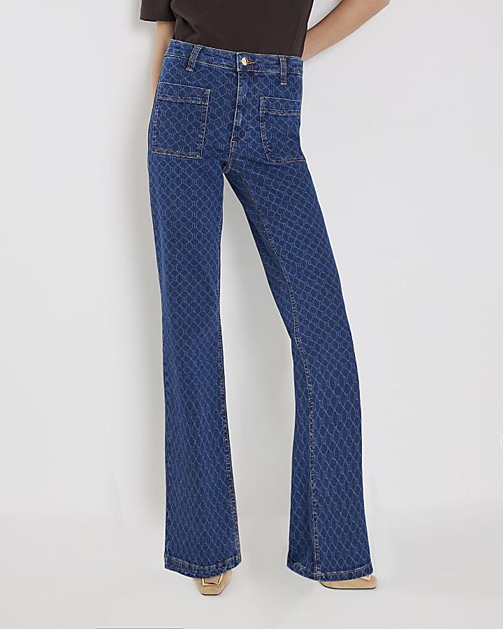 River Island Blue Monogram Relaxed Flare Jeans