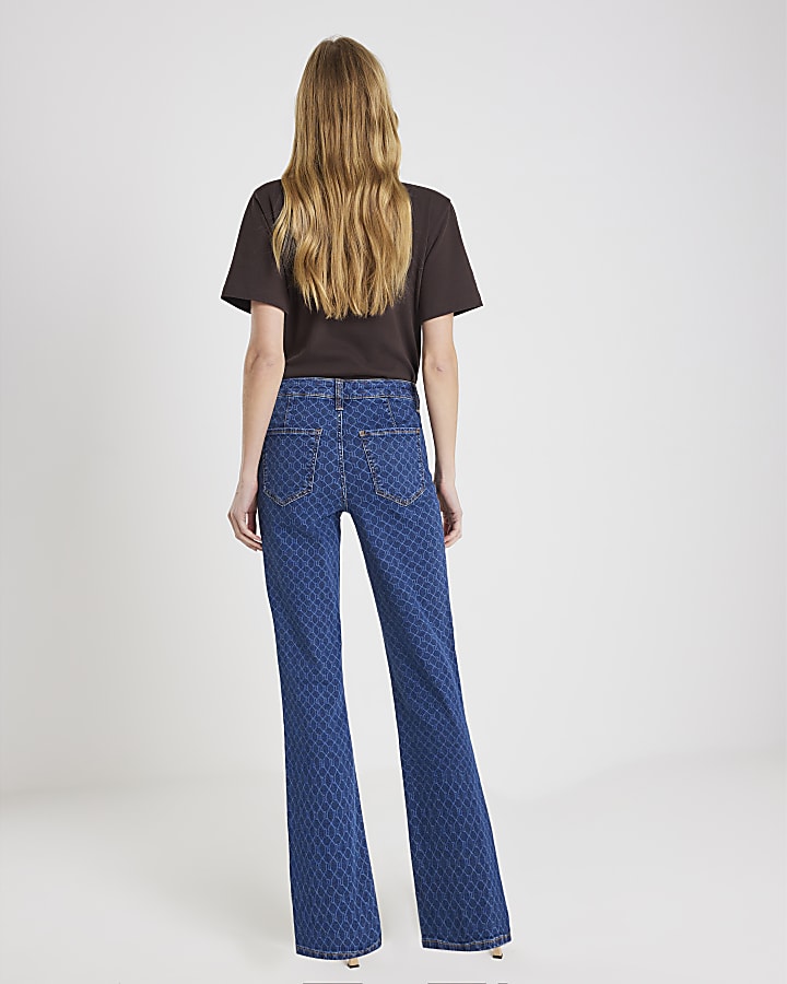 River Island Blue Monogram Relaxed Flare Jeans