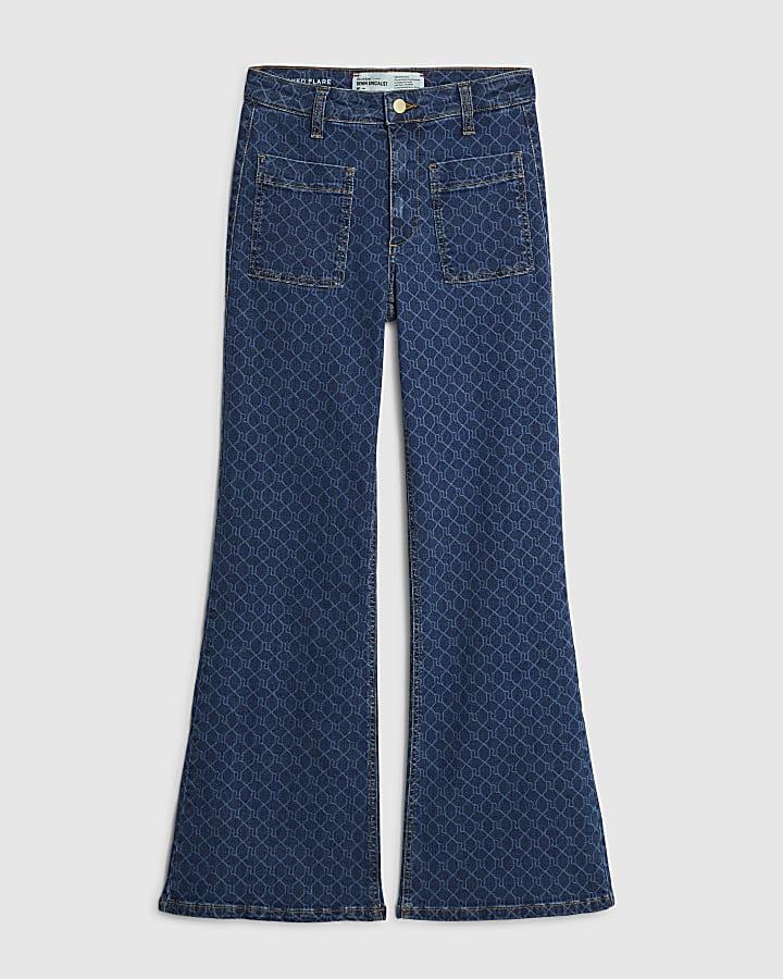 river island Blue Monogram Relaxed Flare Jeans