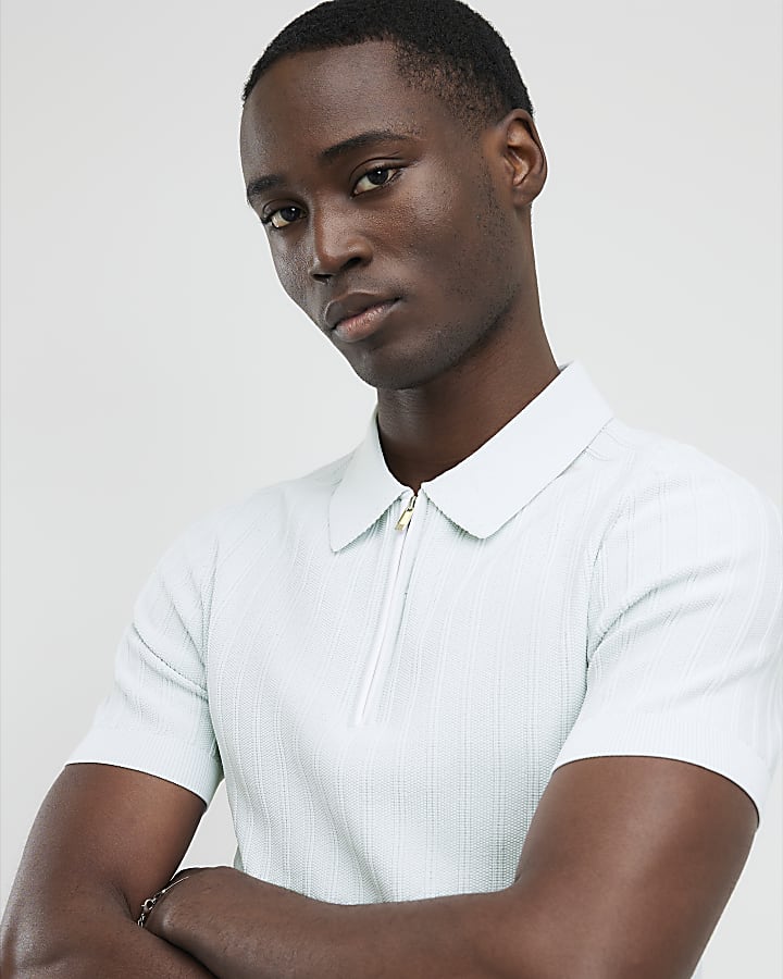 River Island Blue Muscle Fit Ribbed Polo Shirt