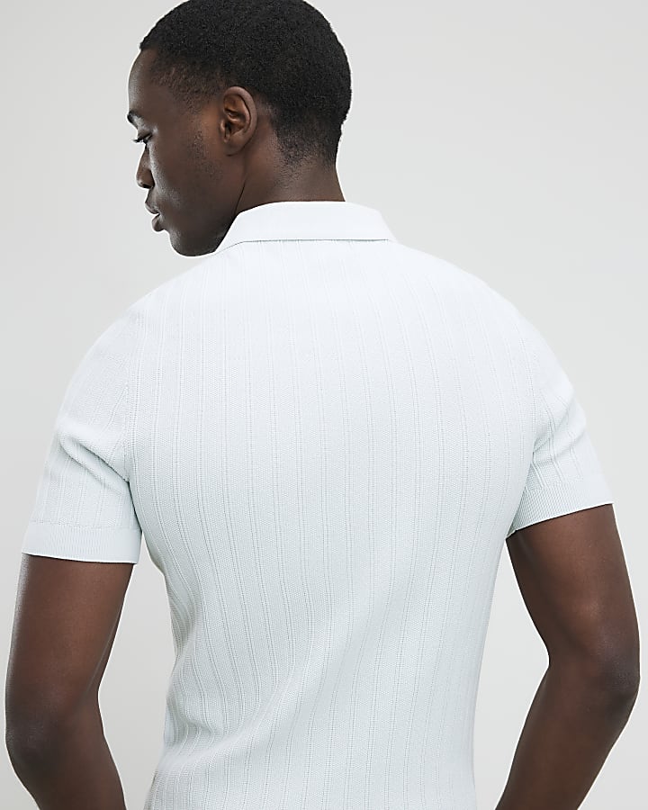 River Island Blue Muscle Fit Ribbed Polo Shirt