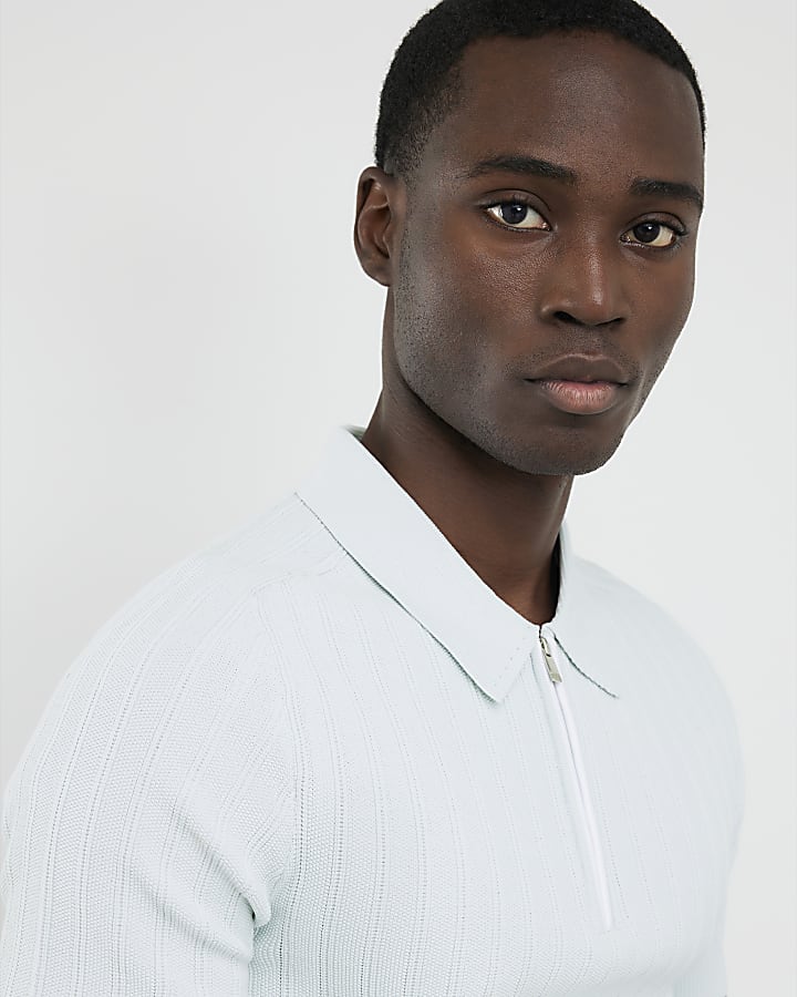 River Island Blue Muscle Fit Ribbed Polo Shirt