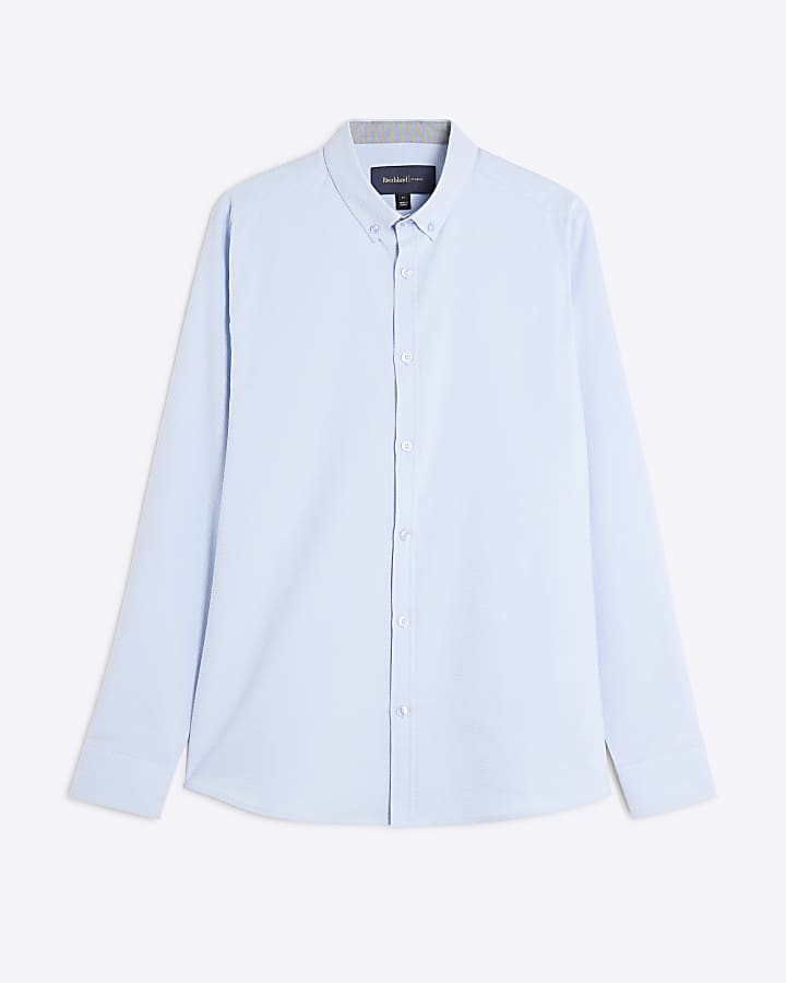 river island Blue Muscle Fit Textured Formal Shirt